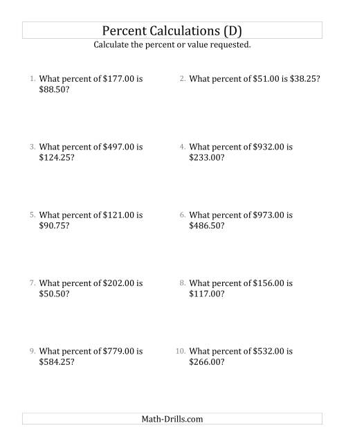 The Calculating the Percent Rate of Decimal Currency Amounts and Multiples of 25 Percents (D) Math Worksheet