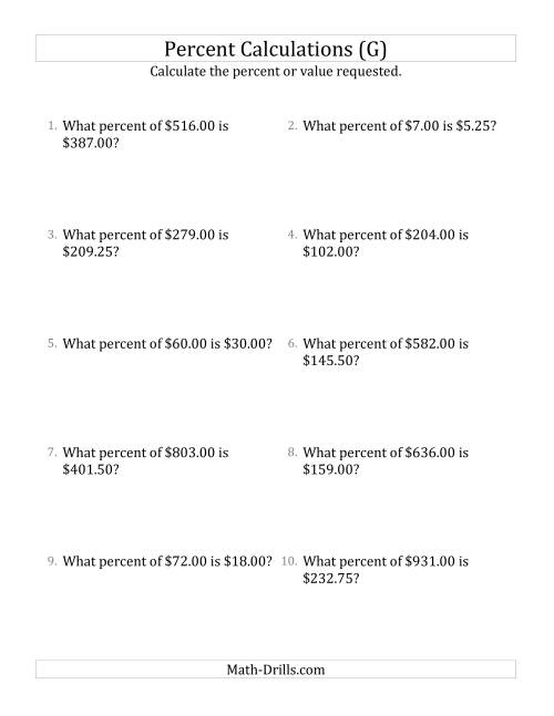 The Calculating the Percent Rate of Decimal Currency Amounts and Multiples of 25 Percents (G) Math Worksheet
