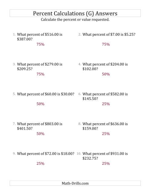 The Calculating the Percent Rate of Decimal Currency Amounts and Multiples of 25 Percents (G) Math Worksheet Page 2