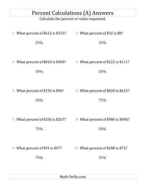 The Calculating the Percent Rate of Whole Number Currency Amounts and Multiples of 25 Percents (A) Math Worksheet Page 2