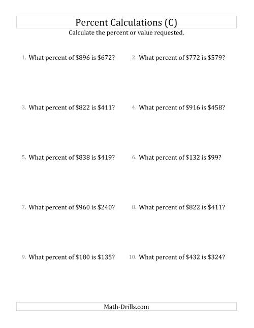 The Calculating the Percent Rate of Whole Number Currency Amounts and Multiples of 25 Percents (C) Math Worksheet
