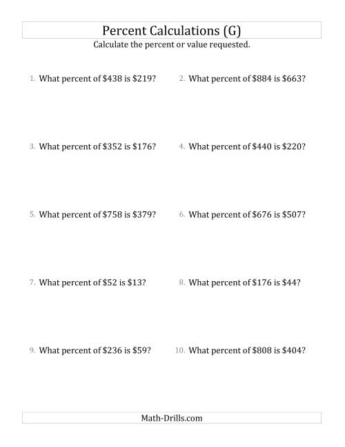 The Calculating the Percent Rate of Whole Number Currency Amounts and Multiples of 25 Percents (G) Math Worksheet