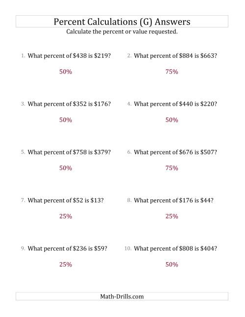 The Calculating the Percent Rate of Whole Number Currency Amounts and Multiples of 25 Percents (G) Math Worksheet Page 2