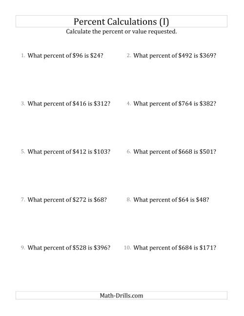 The Calculating the Percent Rate of Whole Number Currency Amounts and Multiples of 25 Percents (I) Math Worksheet