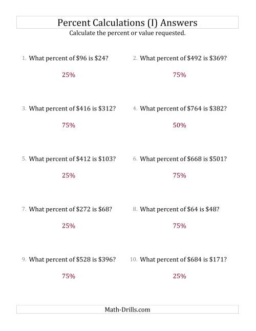 The Calculating the Percent Rate of Whole Number Currency Amounts and Multiples of 25 Percents (I) Math Worksheet Page 2