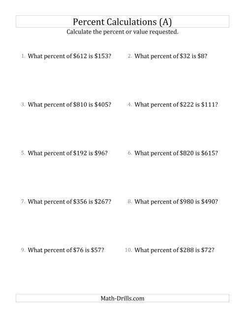 The Calculating the Percent Rate of Whole Number Currency Amounts and Multiples of 25 Percents (All) Math Worksheet
