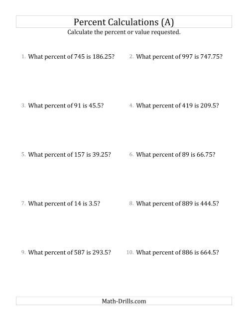 The Calculating the Percent Rate of Decimal Amounts and Multiples of 25 Percents (A) Math Worksheet
