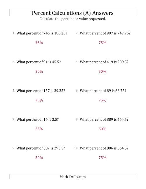 The Calculating the Percent Rate of Decimal Amounts and Multiples of 25 Percents (A) Math Worksheet Page 2