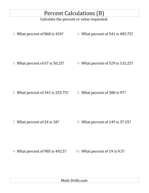 The Calculating the Percent Rate of Decimal Amounts and Multiples of 25 Percents (B) Math Worksheet