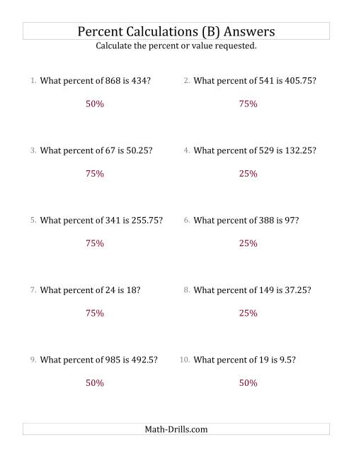 The Calculating the Percent Rate of Decimal Amounts and Multiples of 25 Percents (B) Math Worksheet Page 2