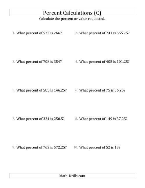 The Calculating the Percent Rate of Decimal Amounts and Multiples of 25 Percents (C) Math Worksheet
