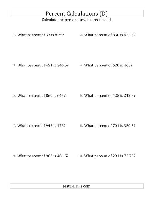 The Calculating the Percent Rate of Decimal Amounts and Multiples of 25 Percents (D) Math Worksheet