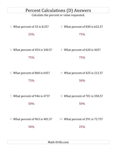 The Calculating the Percent Rate of Decimal Amounts and Multiples of 25 Percents (D) Math Worksheet Page 2