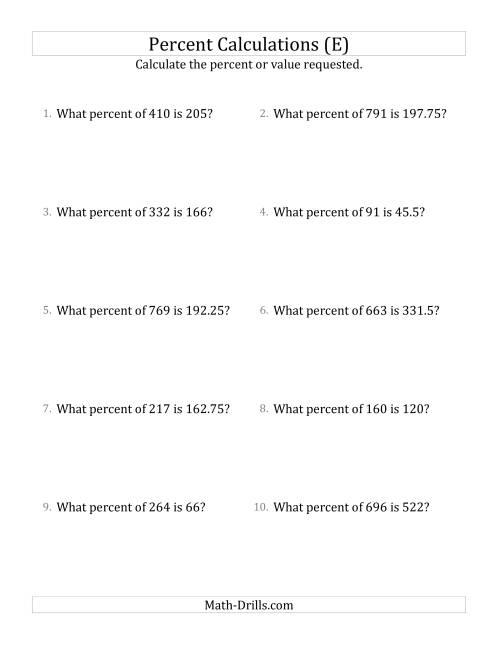 The Calculating the Percent Rate of Decimal Amounts and Multiples of 25 Percents (E) Math Worksheet