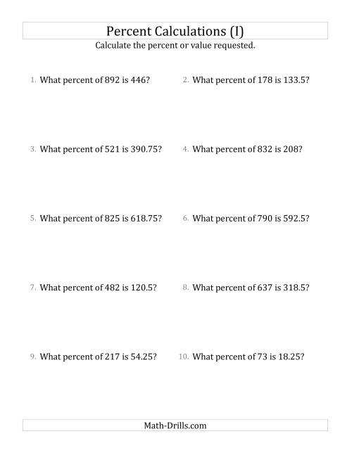 The Calculating the Percent Rate of Decimal Amounts and Multiples of 25 Percents (I) Math Worksheet