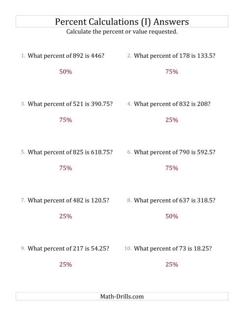 The Calculating the Percent Rate of Decimal Amounts and Multiples of 25 Percents (I) Math Worksheet Page 2