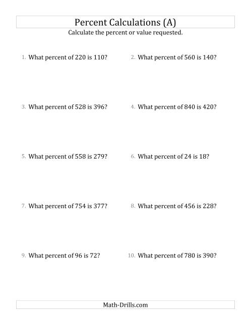 The Calculating the Percent Rate of Whole Number Amounts and Multiples of 25 Percents (A) Math Worksheet