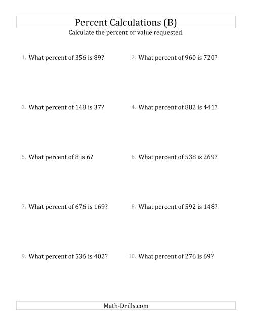 The Calculating the Percent Rate of Whole Number Amounts and Multiples of 25 Percents (B) Math Worksheet