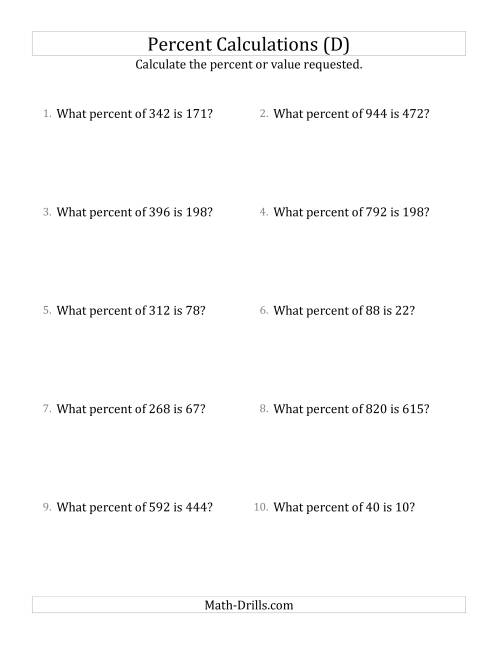 The Calculating the Percent Rate of Whole Number Amounts and Multiples of 25 Percents (D) Math Worksheet