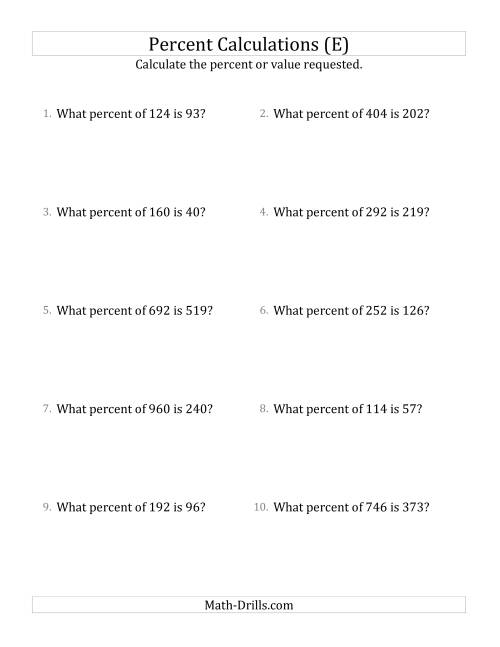 The Calculating the Percent Rate of Whole Number Amounts and Multiples of 25 Percents (E) Math Worksheet