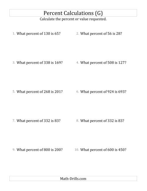 The Calculating the Percent Rate of Whole Number Amounts and Multiples of 25 Percents (G) Math Worksheet