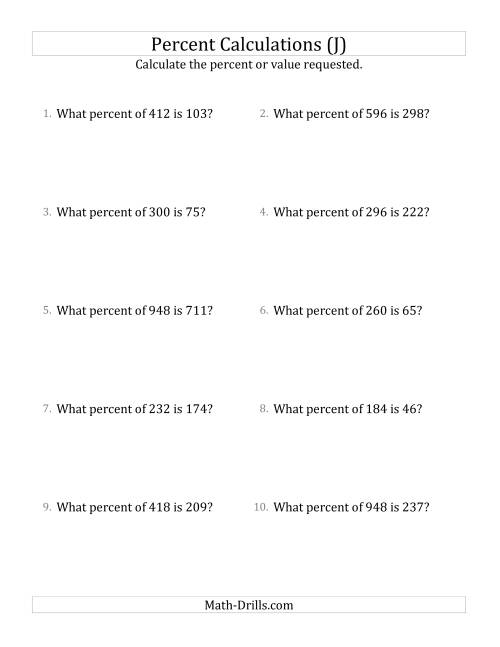 The Calculating the Percent Rate of Whole Number Amounts and Multiples of 25 Percents (J) Math Worksheet