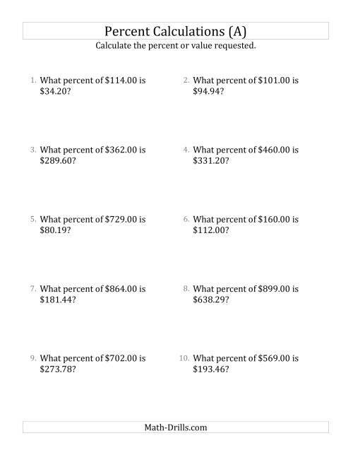 The Calculating the Percent Rate of Decimal Currency Amounts and All Percents (A) Math Worksheet