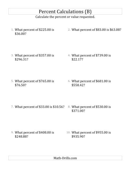 The Calculating the Percent Rate of Decimal Currency Amounts and All Percents (B) Math Worksheet
