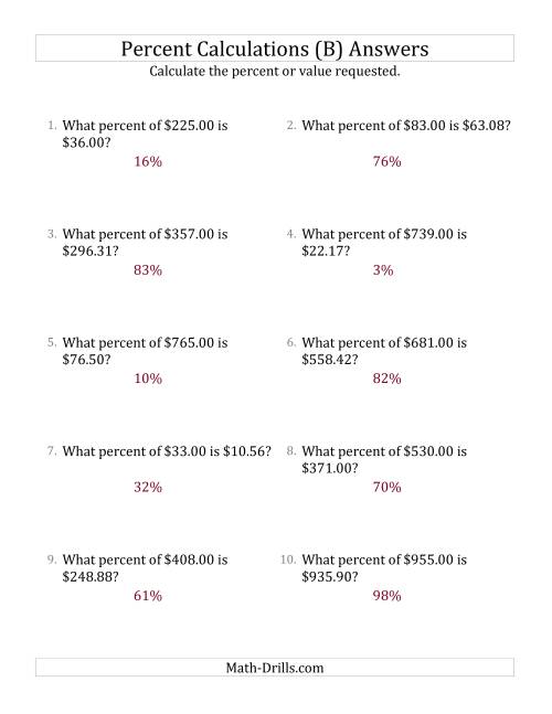 The Calculating the Percent Rate of Decimal Currency Amounts and All Percents (B) Math Worksheet Page 2