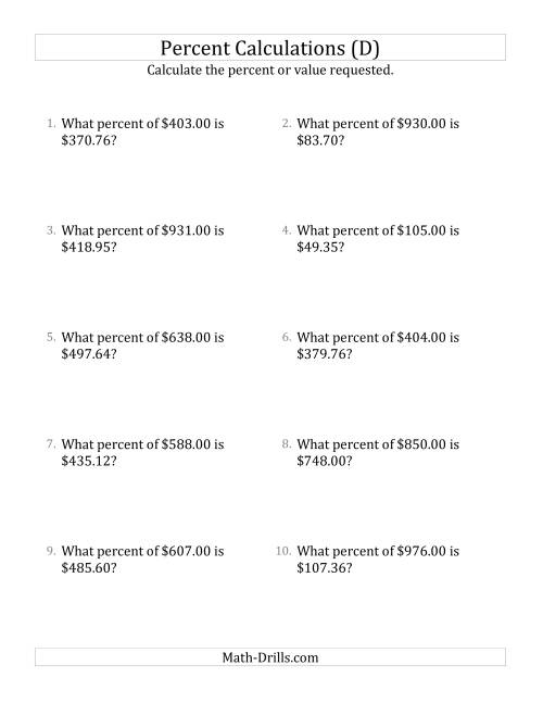 The Calculating the Percent Rate of Decimal Currency Amounts and All Percents (D) Math Worksheet