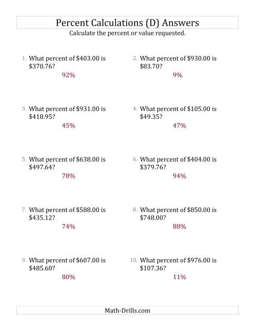 The Calculating the Percent Rate of Decimal Currency Amounts and All Percents (D) Math Worksheet Page 2
