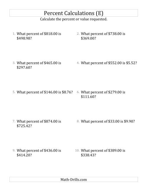 The Calculating the Percent Rate of Decimal Currency Amounts and All Percents (E) Math Worksheet