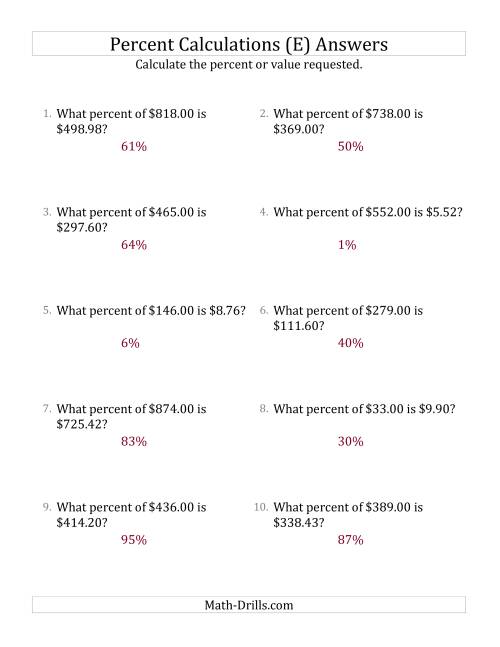 The Calculating the Percent Rate of Decimal Currency Amounts and All Percents (E) Math Worksheet Page 2