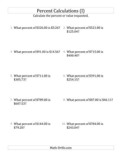 The Calculating the Percent Rate of Decimal Currency Amounts and All Percents (I) Math Worksheet
