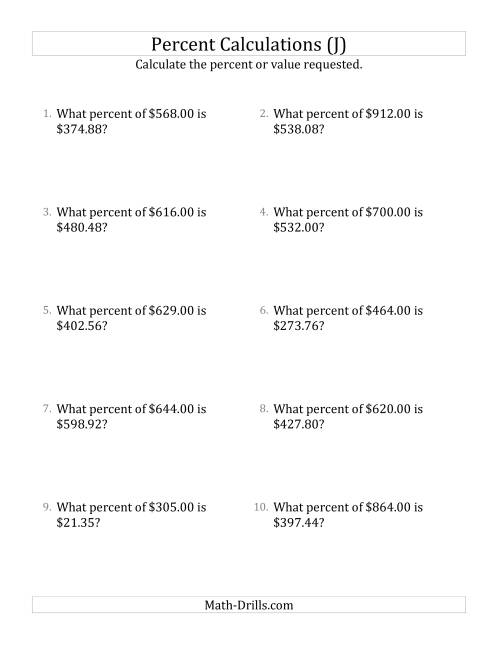 The Calculating the Percent Rate of Decimal Currency Amounts and All Percents (J) Math Worksheet