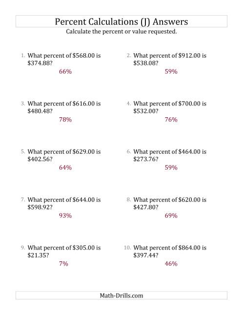 The Calculating the Percent Rate of Decimal Currency Amounts and All Percents (J) Math Worksheet Page 2