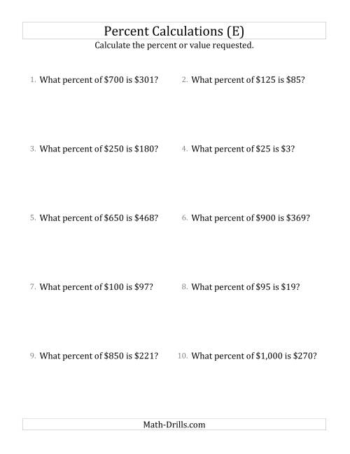 The Calculating the Percent Rate of Whole Number Currency Amounts and All Percents (E) Math Worksheet