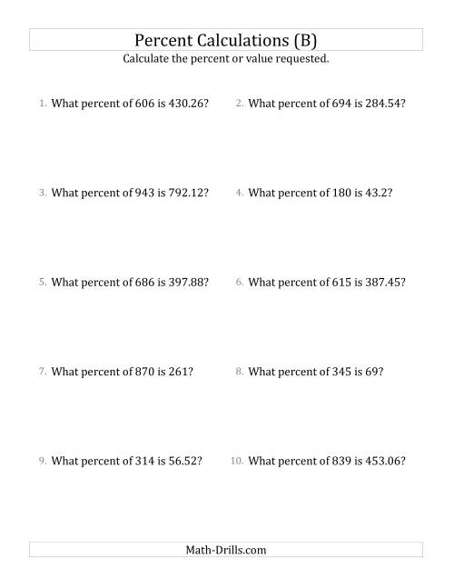 The Calculating the Percent Rate of Decimal Amounts and All Percents (B) Math Worksheet