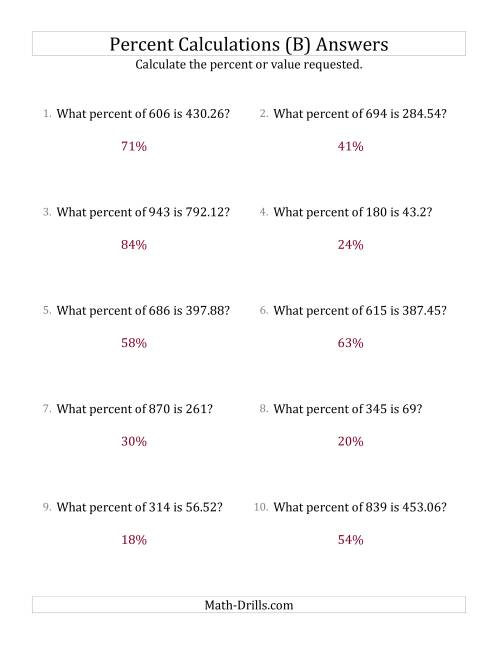The Calculating the Percent Rate of Decimal Amounts and All Percents (B) Math Worksheet Page 2