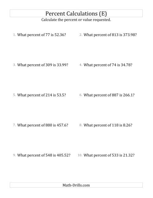 The Calculating the Percent Rate of Decimal Amounts and All Percents (E) Math Worksheet
