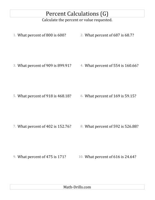 The Calculating the Percent Rate of Decimal Amounts and All Percents (G) Math Worksheet
