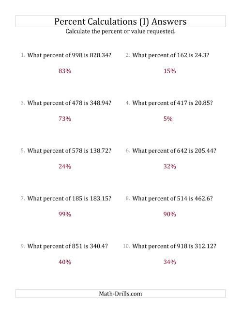 The Calculating the Percent Rate of Decimal Amounts and All Percents (I) Math Worksheet Page 2