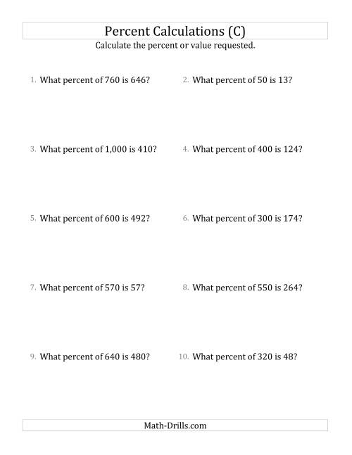The Calculating the Percent Rate of Whole Number Amounts and All Percents (C) Math Worksheet