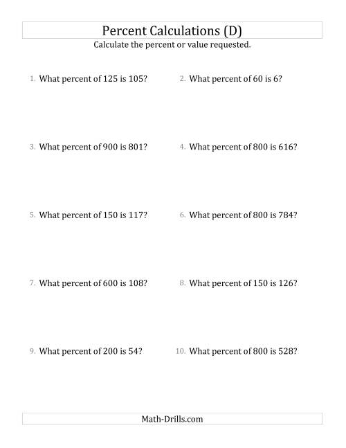 The Calculating the Percent Rate of Whole Number Amounts and All Percents (D) Math Worksheet