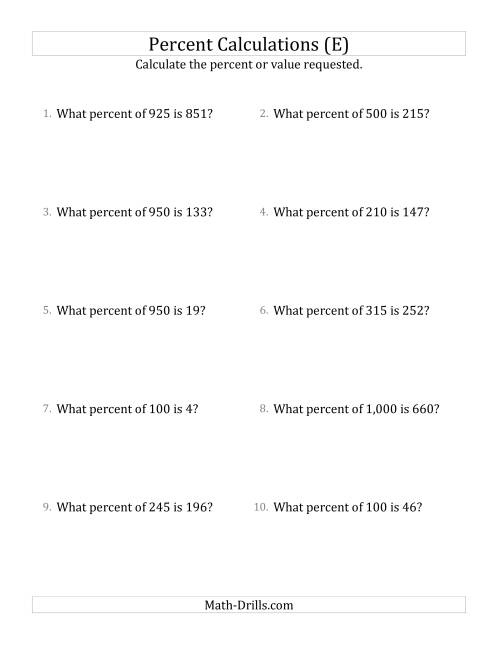 The Calculating the Percent Rate of Whole Number Amounts and All Percents (E) Math Worksheet