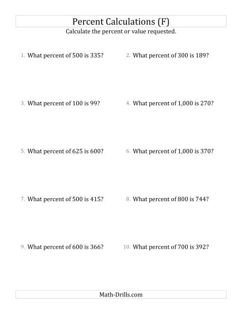 The Calculating the Percent Rate of Whole Number Amounts and All Percents (F) Math Worksheet