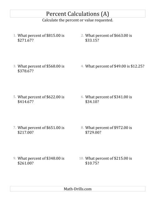 The Calculating the Percent Rate of Decimal Currency Amounts and Select Percents (A) Math Worksheet