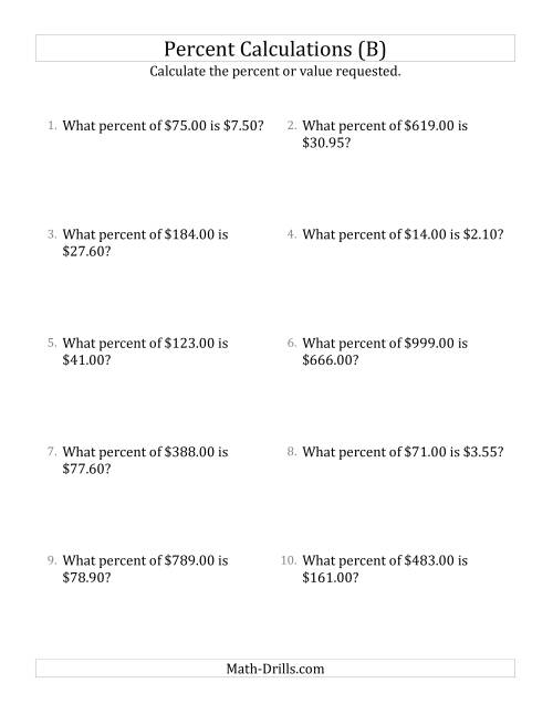 The Calculating the Percent Rate of Decimal Currency Amounts and Select Percents (B) Math Worksheet