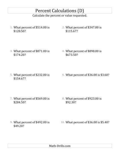 The Calculating the Percent Rate of Decimal Currency Amounts and Select Percents (D) Math Worksheet