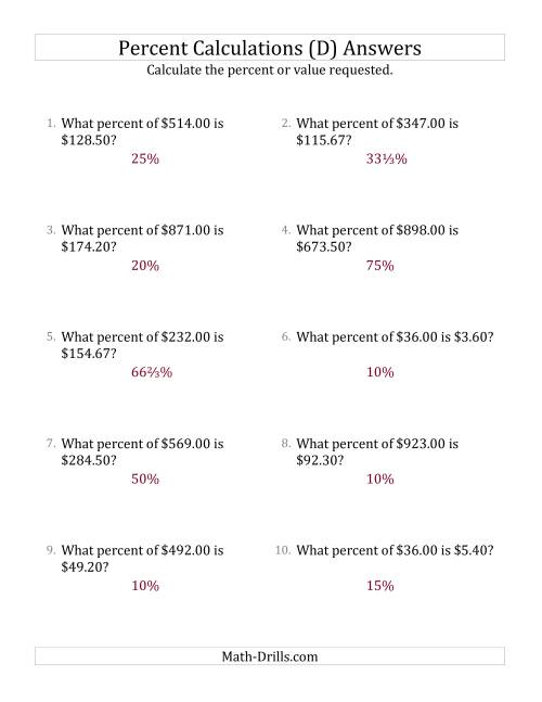 The Calculating the Percent Rate of Decimal Currency Amounts and Select Percents (D) Math Worksheet Page 2